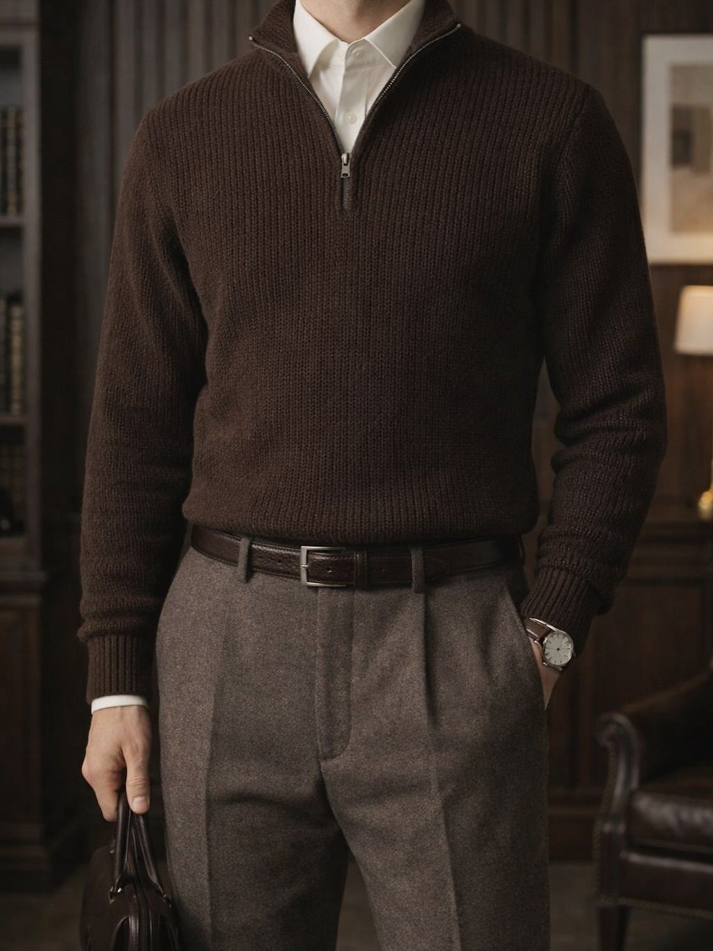 Man wearing a brown ribbed quarter-zip sweater and grey pleated trousers in a study.