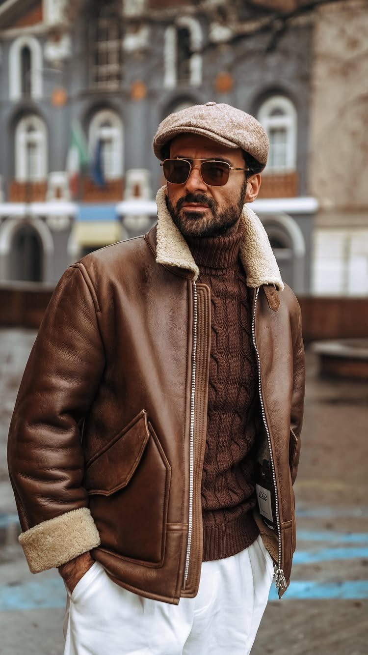 Man in brown leather shearling jacket and brown cable-knit turtleneck sweater wearing a cap.