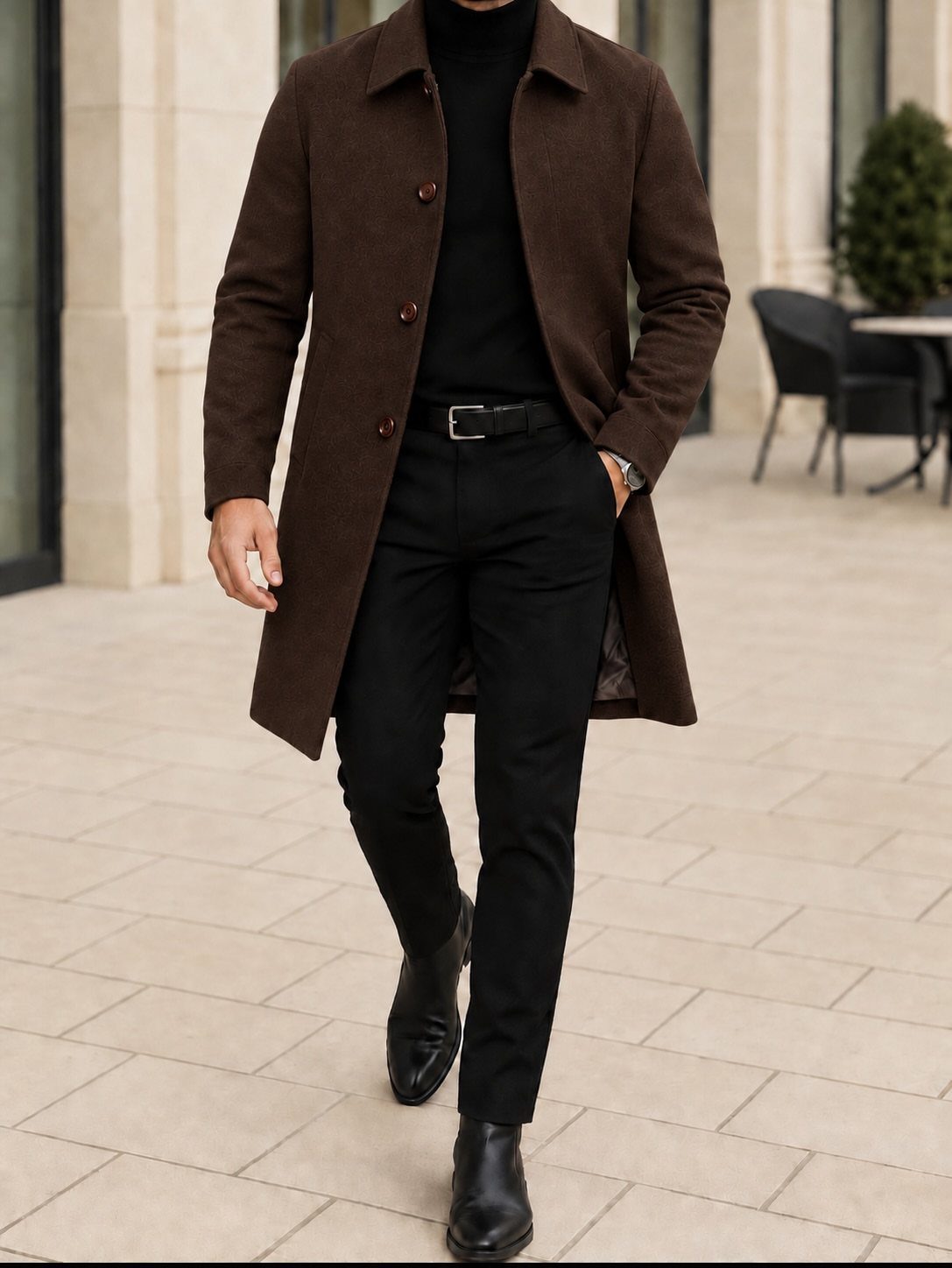 Man wearing a brown wool coat, black turtleneck, and black trousers walking outdoors.